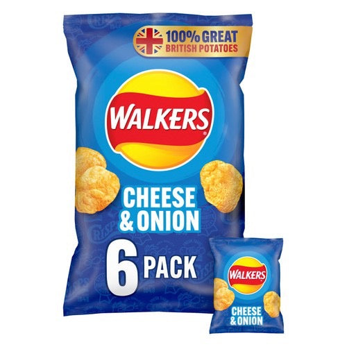 Walkers Crisps Multipack 6×25g (Cheese & Onion) front of pack — UK-sourced, shipped Worldwide