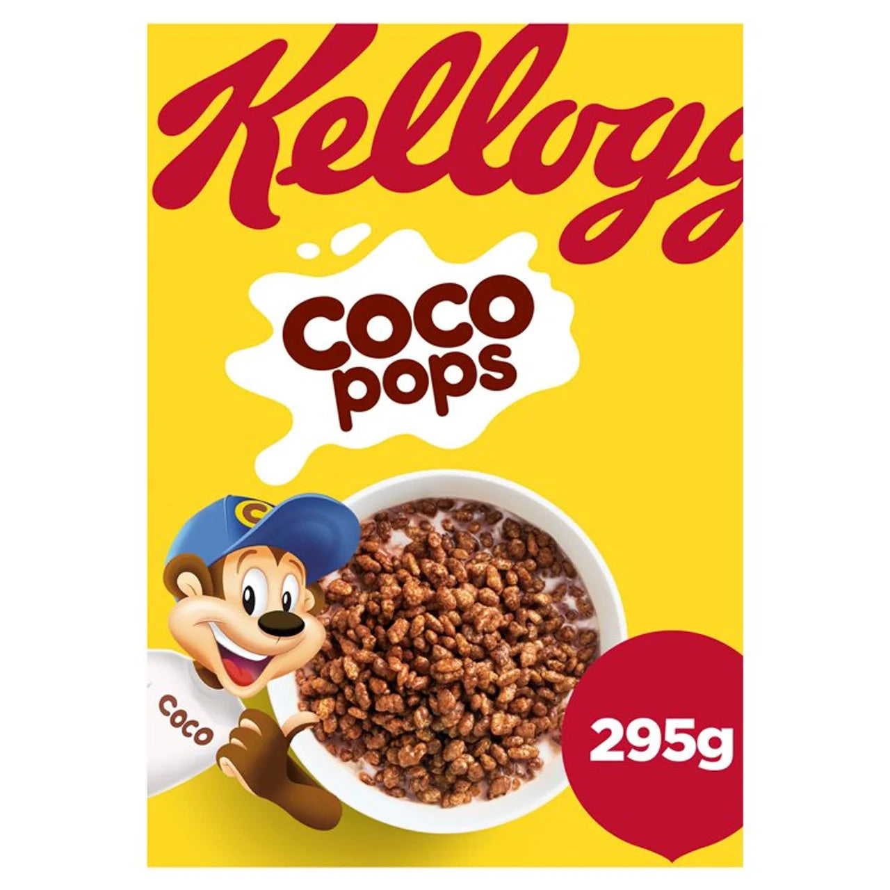 Kellogg’s Coco Pops Breakfast Cereal 295g front of pack — UK-sourced, shipped Worldwide.