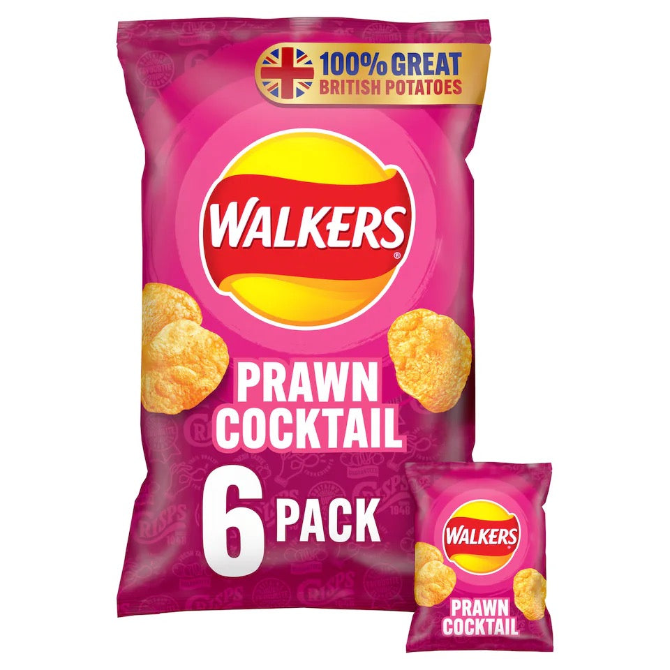 Walkers Crisps Multipack 6×25g (Prwan Cocktail) front of pack  — UK-sourced, shipped Worldwide