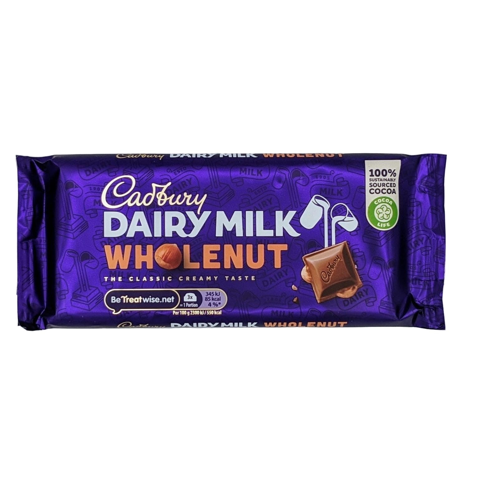 Cadbury Dairy Milk Wholenut chocolate bar packaging on a purple background