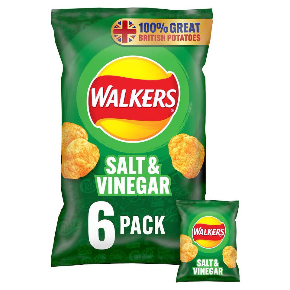 Walkers Crisps Multipack 6×25g (Salt & Vinegar) front of pack  — UK-sourced, shipped Worldwide