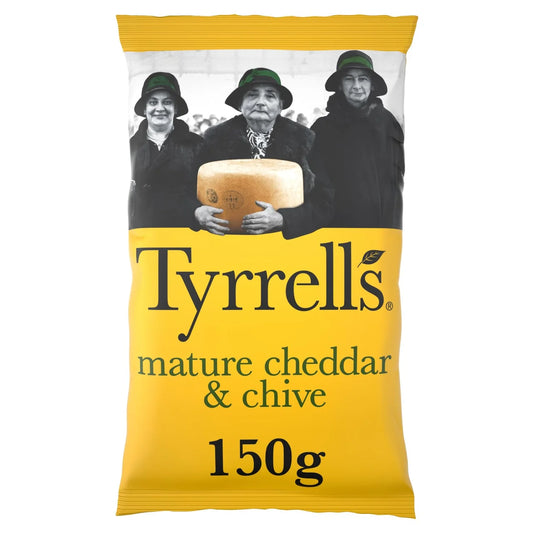 Tyrrells Mature Cheddar & Chive Crisps 150g front of pack — UK-sourced, shipped Worldwide.