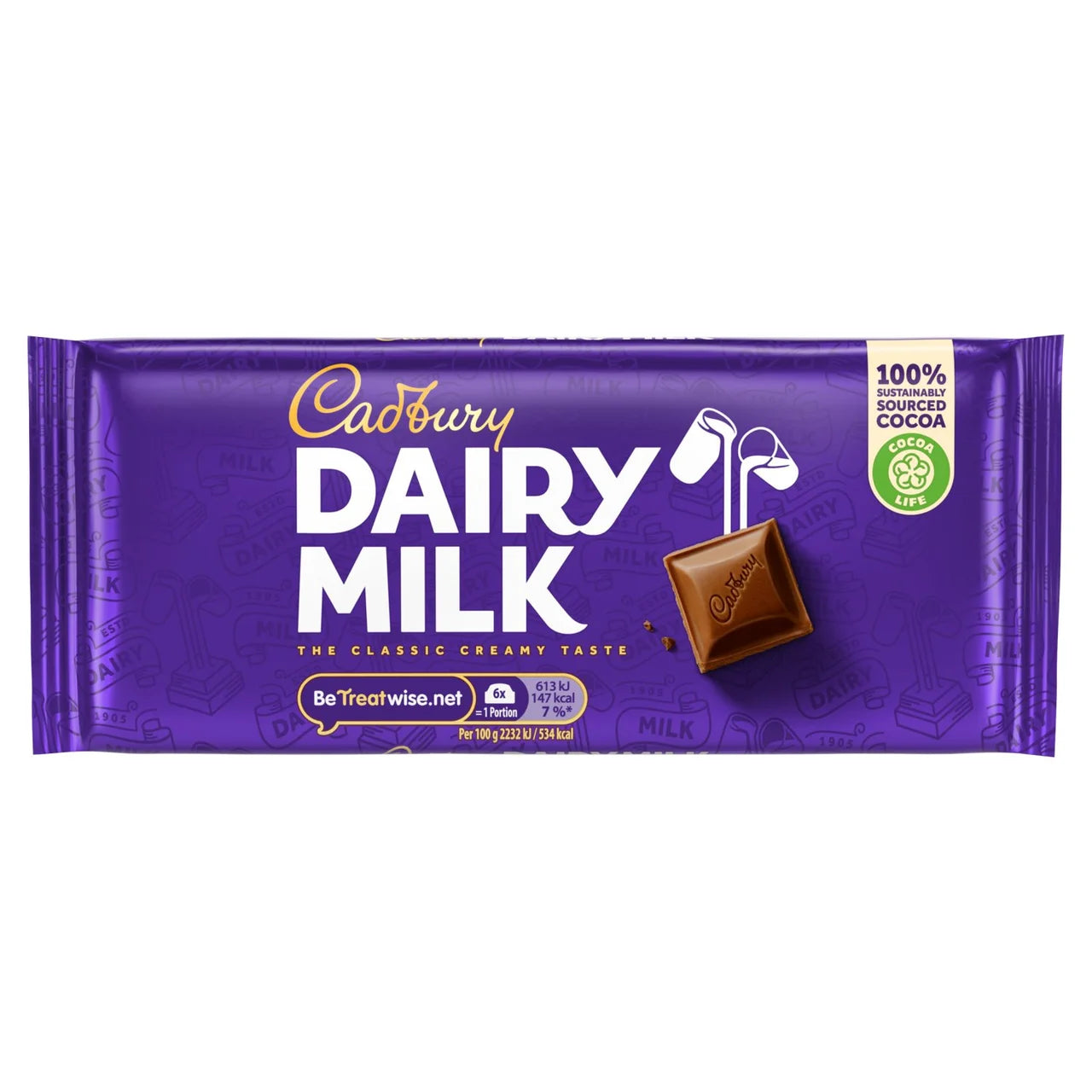 Cadbury Dairy Milk Chocolate Bar,  front of pack — UK-sourced, courier delivered Worldwide.