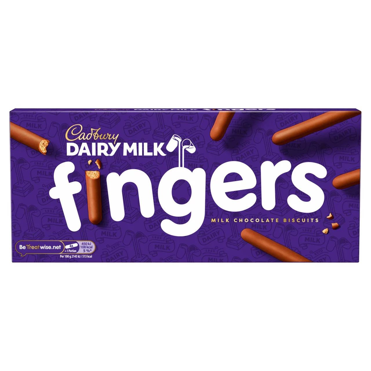 Cadbury Fingers Milk Chocolate Biscuits front of pack — UK-sourced, shipped Worldwide