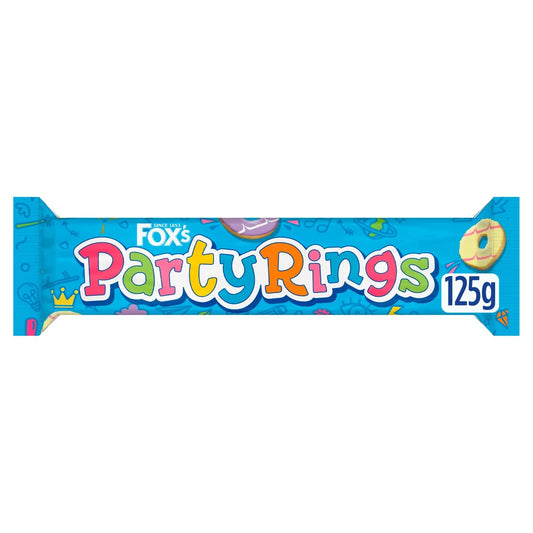 Frebps 福克斯派对圈糖霜饼干（Party Rings） | Fox’s Party Rings Iced Shortcake Biscuits front of pack — UK-sourced, courier delivery to China