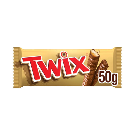 Frebps 特趣焦糖牛奶巧克力饼干双条装 50g | Twix Twin Bar 50g front of pack — UK-sourced, courier delivery to China